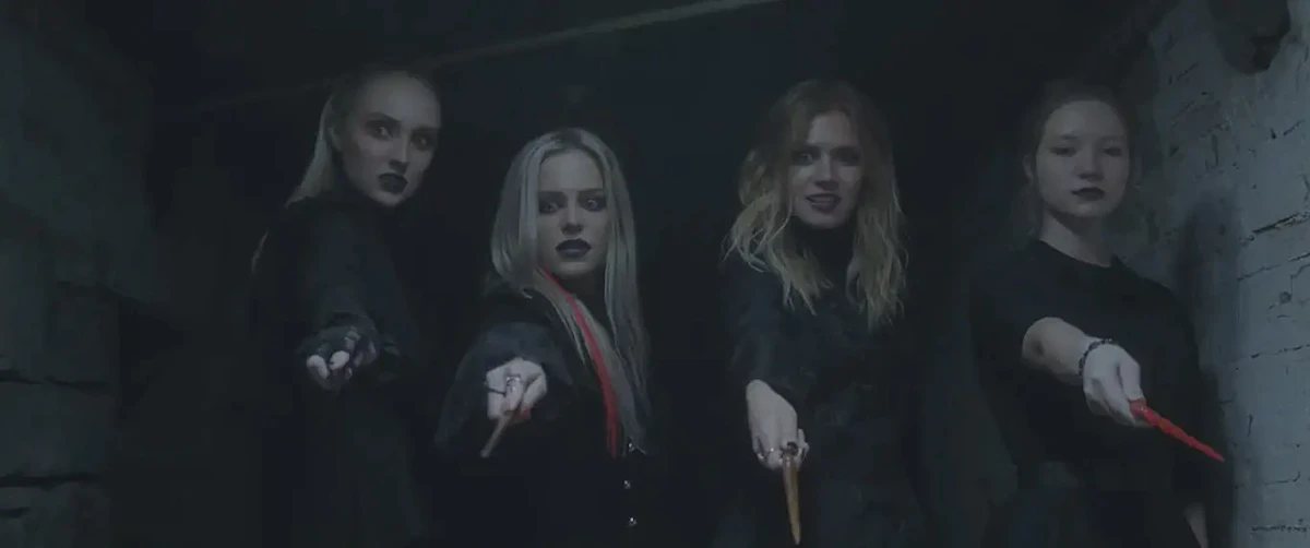 The Bellatrix Death Eater Sisters: Fleur Jones (Sabré Randall), Emmeline Purkiss (Angela Cole), Kendra Boardman (Maggie Callahan), and Muriel Warrington (Makenna Weyburne)