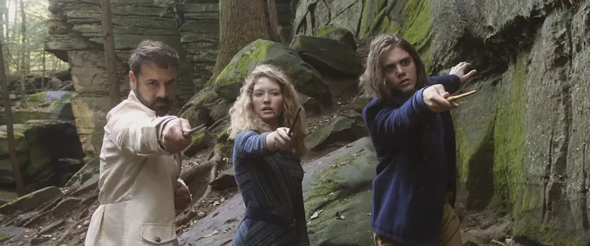 Merlin Evergreen (Jazz Securo), Muriel Warrington (Makenna Weyburne), and Alvin Finch (Evan Kilmartin)