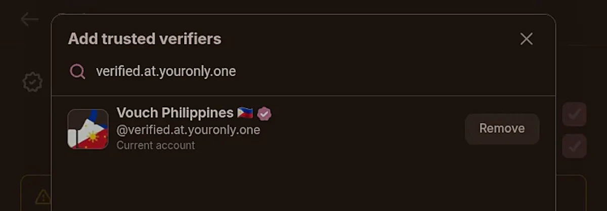 Witchsky: Search and add 'verified.at.youronly.one'.