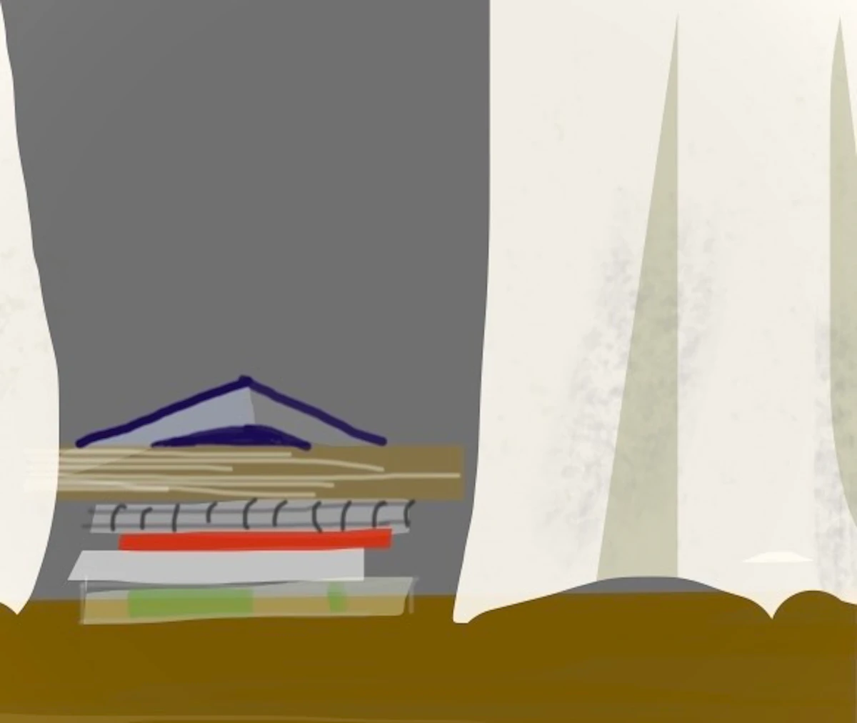 イラスト。窓台の上に本が積まれていてる。雨戸が閉まっていてカーテンが半端に開いている。